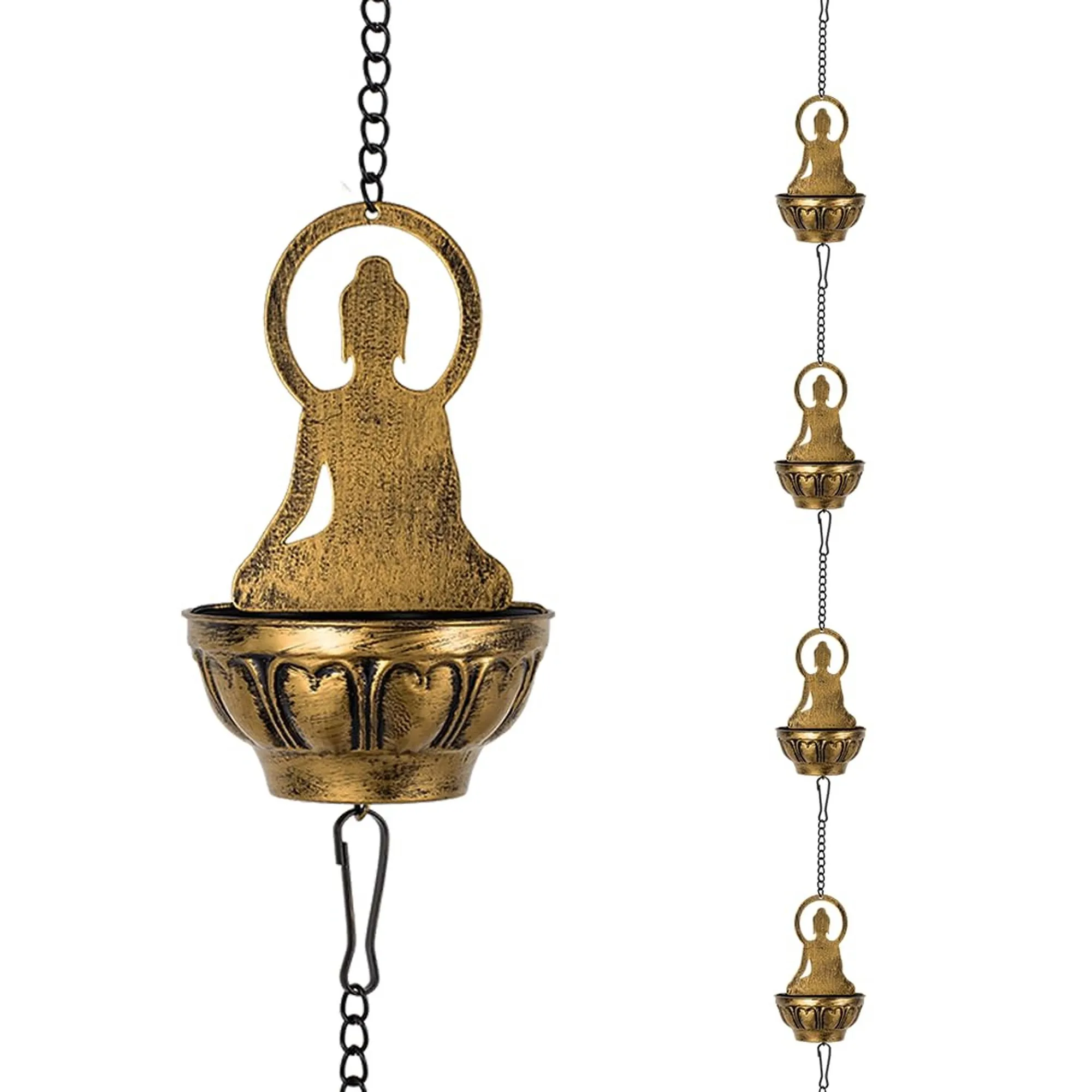 10.5 ft Brass Adjustable 10 Buddha Cup Rain Chain, Decorative Downspout Replacement for Outdoor Gutter Eaves Drainage
