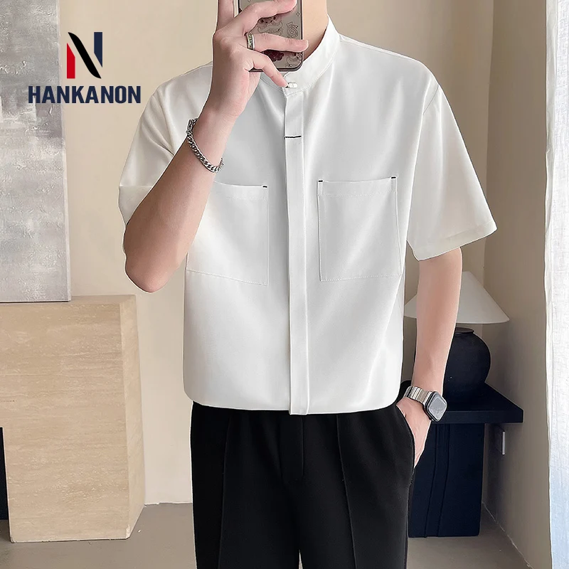 Chinese-style Stand-up Collar Hidden Button Ice Silk Short-sleeved Shirt for Men, Daily Casual Loose-fitting Breathable Shirt.