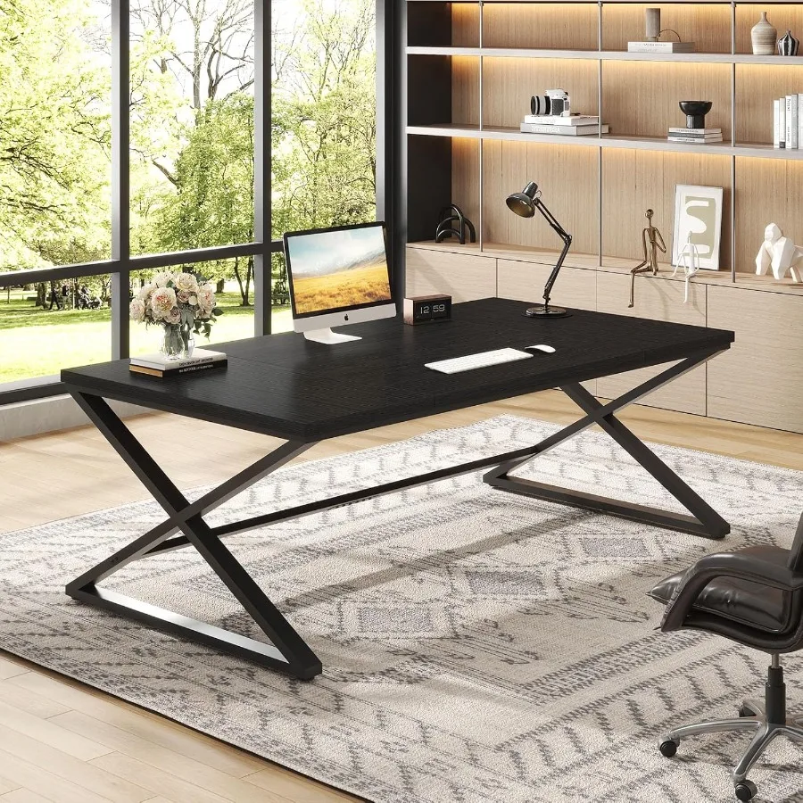 مكتب كمبيوتر أسود كبير 70.8 مكتب كتابة طويل للمنزل والمكتب مكتب دراسة تنفيذي حديث وبسيط لشخصين من الخشب