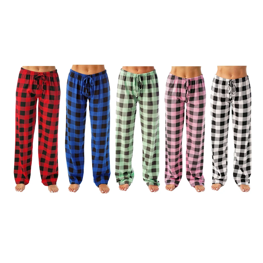 Women Ladies Pajamas Pants Plaid Breathable Casual Style Elastic Long Drawstring Trousers Underwear M Size Home