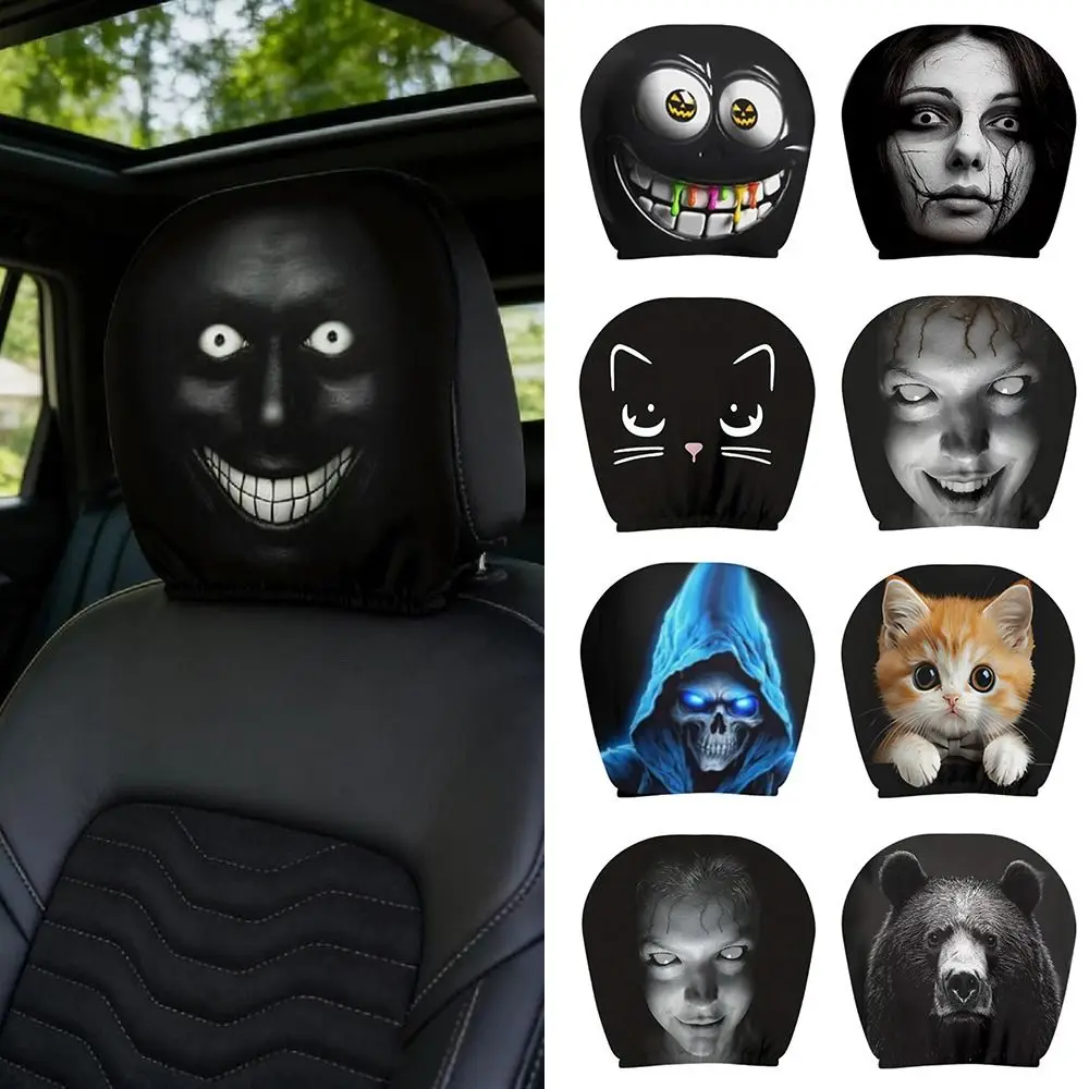 2Pcs Elastic Car Headrest Cover Black Breathable Car Seat Cover Dust-proof Scary Face Printing Car Headrest Protector