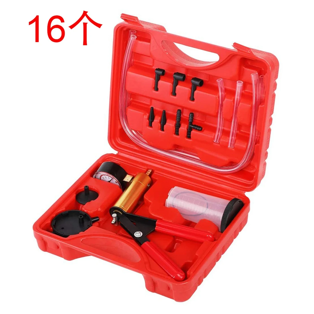 Brake Bleeder & Vacuum Pump Test Tuner Tool Kit Hand Held Vacuum Gauge for Car Truck Motorcycle 16 Pcs (Red)