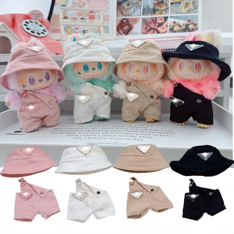 

For labubu one two three generations labubu17cm labubuwa clothes 10cm cotton doll bucket hat overalls trend set doll clothes