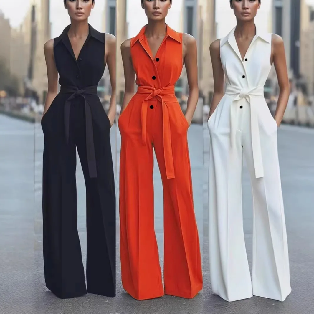 Women Jumpsuits One Piece Sleeveless Turn Down Collar Wide Leg Long Pants Lace Up Buttons Y2k Streetwear Jumpsuit Work 2026