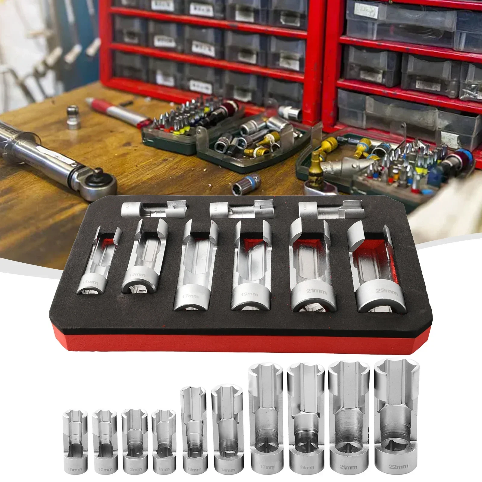 

10-22mm Diesel Injector Fuel Line Socket Wrench Set 1/4'' 3/8'' 1/2'' Drive Line Socket Fuel Line Disassembly Tools