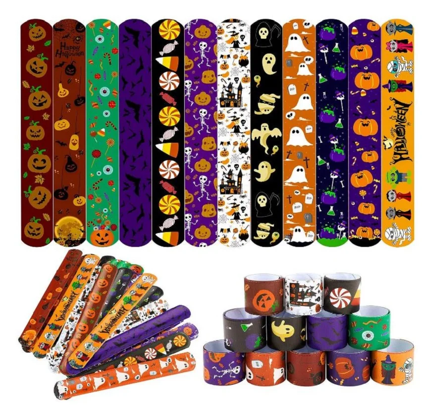 

2400pcs Halloween Snap Bracelets Funny Slap Wristband Party Favor Giveaway Gift Bag Filler Spider Pumpkin Ghost Zombie Bat Witch