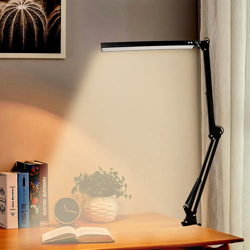 

New LED Table Lamp with Rocker Arm, 10 Brightness Levels, 3 Lighting Modes, Clamp, Eye Dimmable