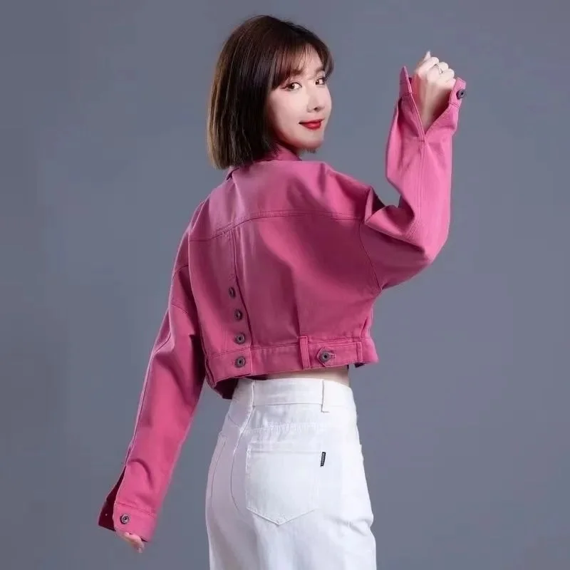 Damska kurtka jeansowa na wiosnę i jesień, krótki płaszcz jeansowy z długim rękawem w stylu koreańskim, elegancka kurtka kowbojska damska, idealna na co dzień.