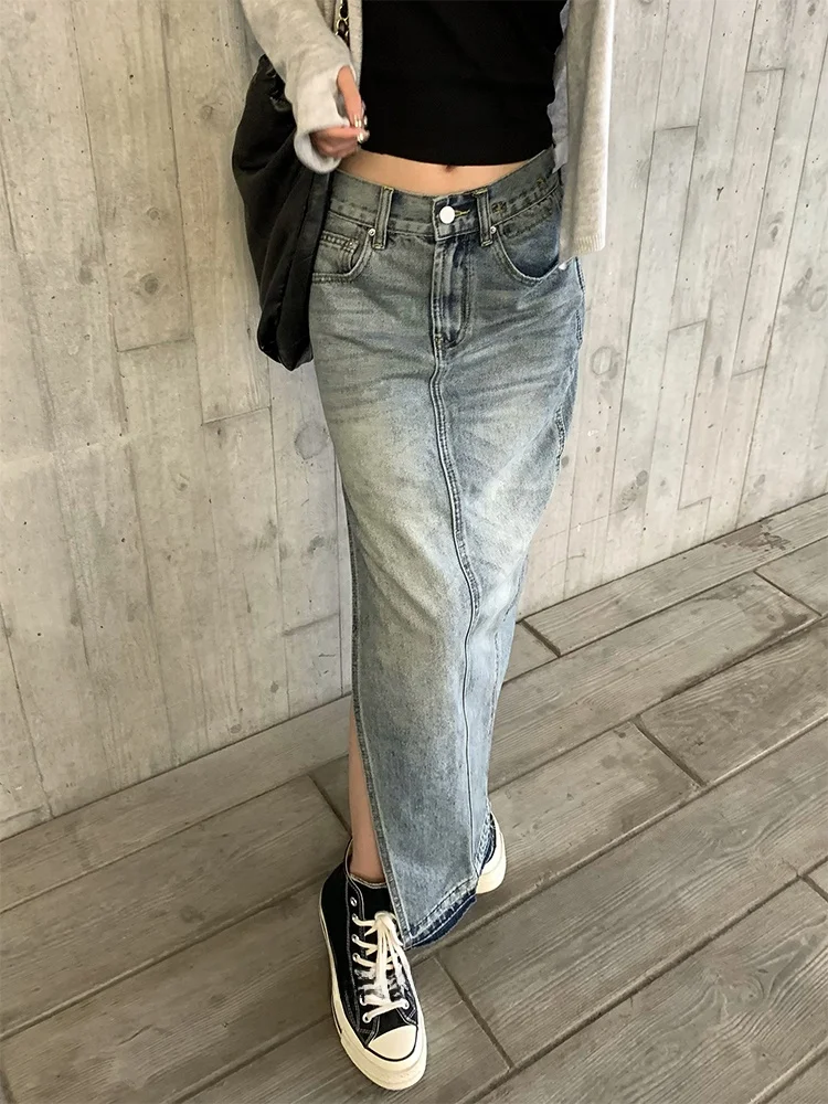 

Wuuus High Waist Cotton Denim Skirt Women's Summer Thin f-length Long Skirt Side Slit Design Casual Sli Mid-length