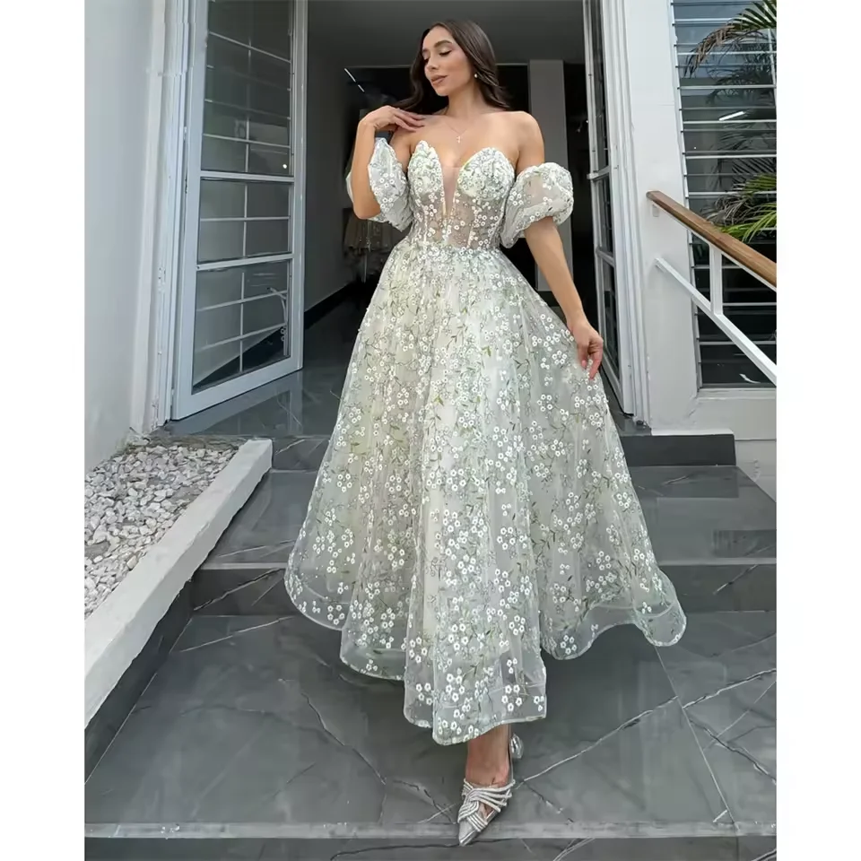 

Customized White Lace Floral Print Prom Dress Puff Sleeve A-Line Wedding party dress Ankle-Length Formal Evening Graduation Gown