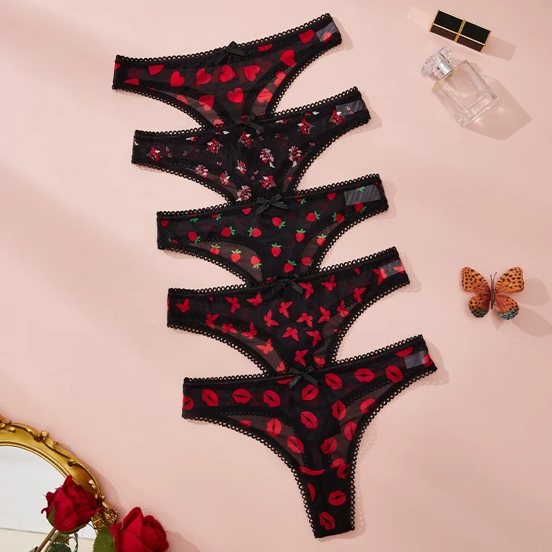 Lippenförmiger Spitzen-Netz-G-String, dünne, sexy Mädchenunterwäsche, Damen-Slips, Tanga, transparente Damenunterwäsche mit niedriger Taille, Dessous