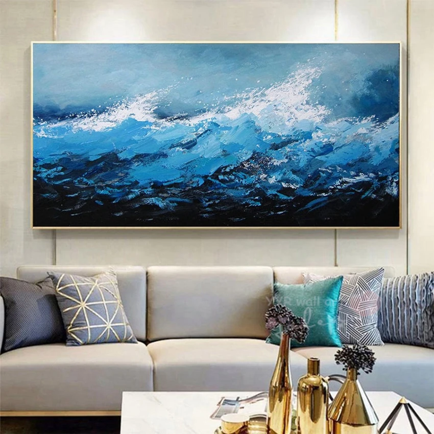 Modern Abstract Blue Sea Wave Seascape Picture For Interior Decoration Handmade Oil Painting  On The Wall Mural For Living Room
