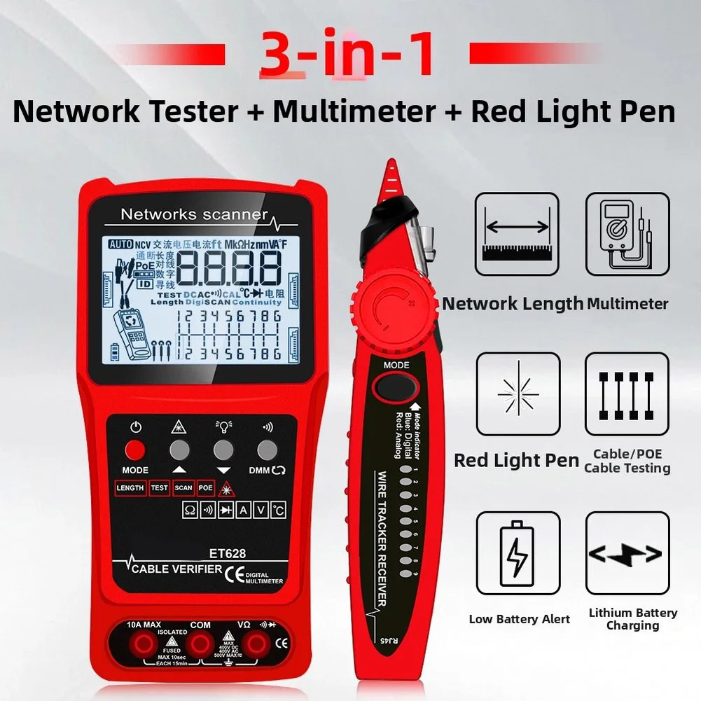3-in-1 Multifunctional Network Cable Locator/Cable Tester/Line Finder, Fault Locator, Multimeter, PoE-Network Cable Trackers