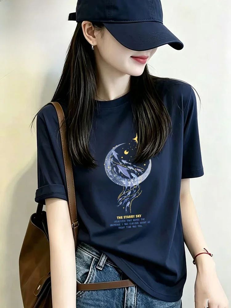 Fashionable Versatile Short Sleeve T-Shirt Women's Summer Korean Style Slim Fit Printed Base Shirt Pure Cotton Top