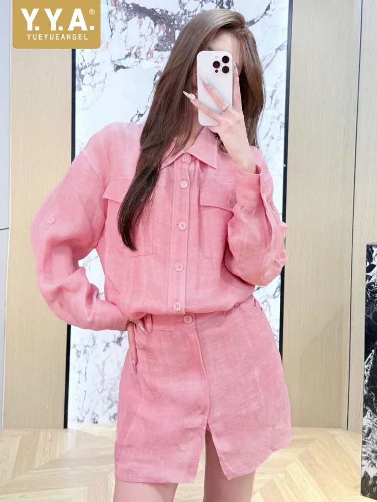 

Summer Lady Solid Color Linen Fake Two-piece Spliced Shirt Set Casual Long Sleeve Comfortable Dress Single Breasted Tops Outfits