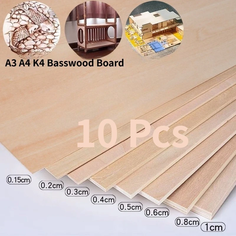 

10Pcs A3 A4 K4 Basswood Board Thickness 1.5/2/3/4/5/6/8/10mm Board for Crafts DIY Thin Woodsheet for Wooden DIY Ornaments
