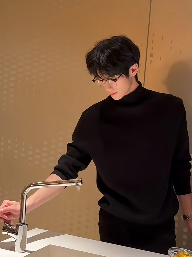 

Bla Fce Lined High Ne Knit Sweater Men's Autumn Winter American Sle Casual Inner Wear Base irt Comfortable Thiened