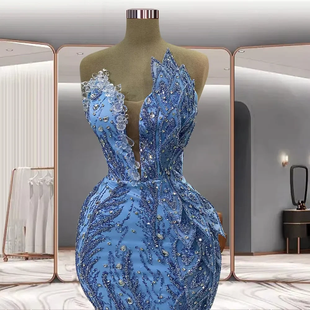 Sky Blue Long Evening Dresses Luxury Slit Beaded Saudi Arabia Dubai Robe De Soiree Middle Eastern Prom Dress Gown 2027Customized