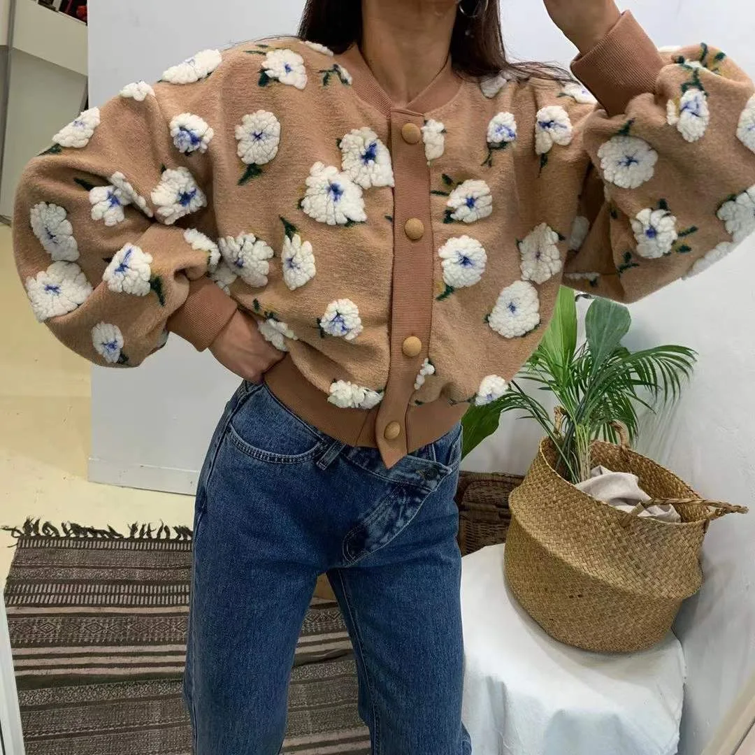 

Korean Sle Women's Faion Retro Floral Lace Trim Bubble Sve ort Top Coat Stand Fit Commute Sle Other Material