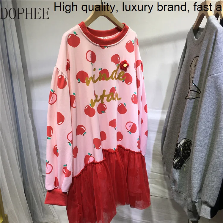 

Autumn Korea New Cute Women Pink Mid-length Loose Mesh Patchwork Long Sleeve Sweatshirt Age Reduction Knee-length Dress