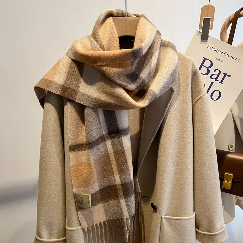 High Quality 100% Pure Wool Plaid Scarf Women Couples Winter Autumn Soft Warm Tassel Classic Muffler Ladies Thermal Shawl Female