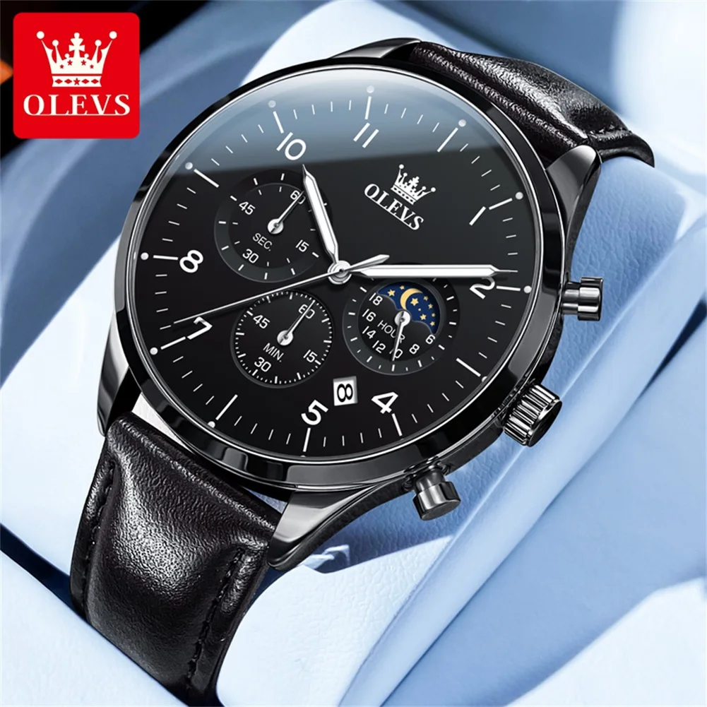 OLEVS 2882 Multifunctional Men's Quartz Watch Leather Strap 42mm Big Dial Moon Phase Waterproof Classic Quartz Watches for Men