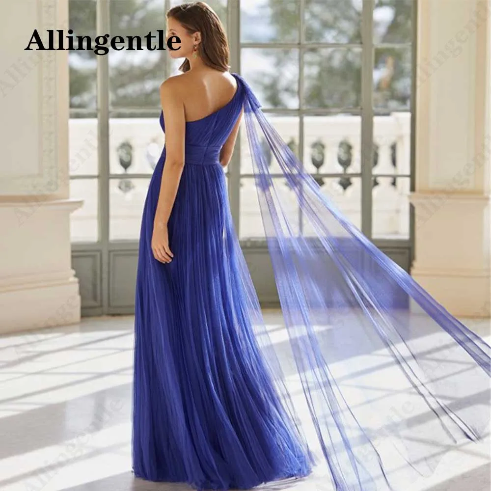 Allingentle One Shoulder Tulle Long Evening Dress A Line Pleats Prom Gown For Women Party Sleeveless 2023 Elegant Robe De Soriee