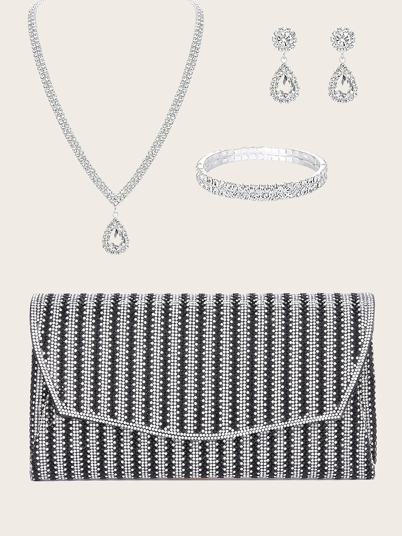 

Sparkling Rhinestone Wallet Set 4-Piece with Handbag, Necklace Bracelet & Earrings Crossbody Clutch for Party Wedding Club Event