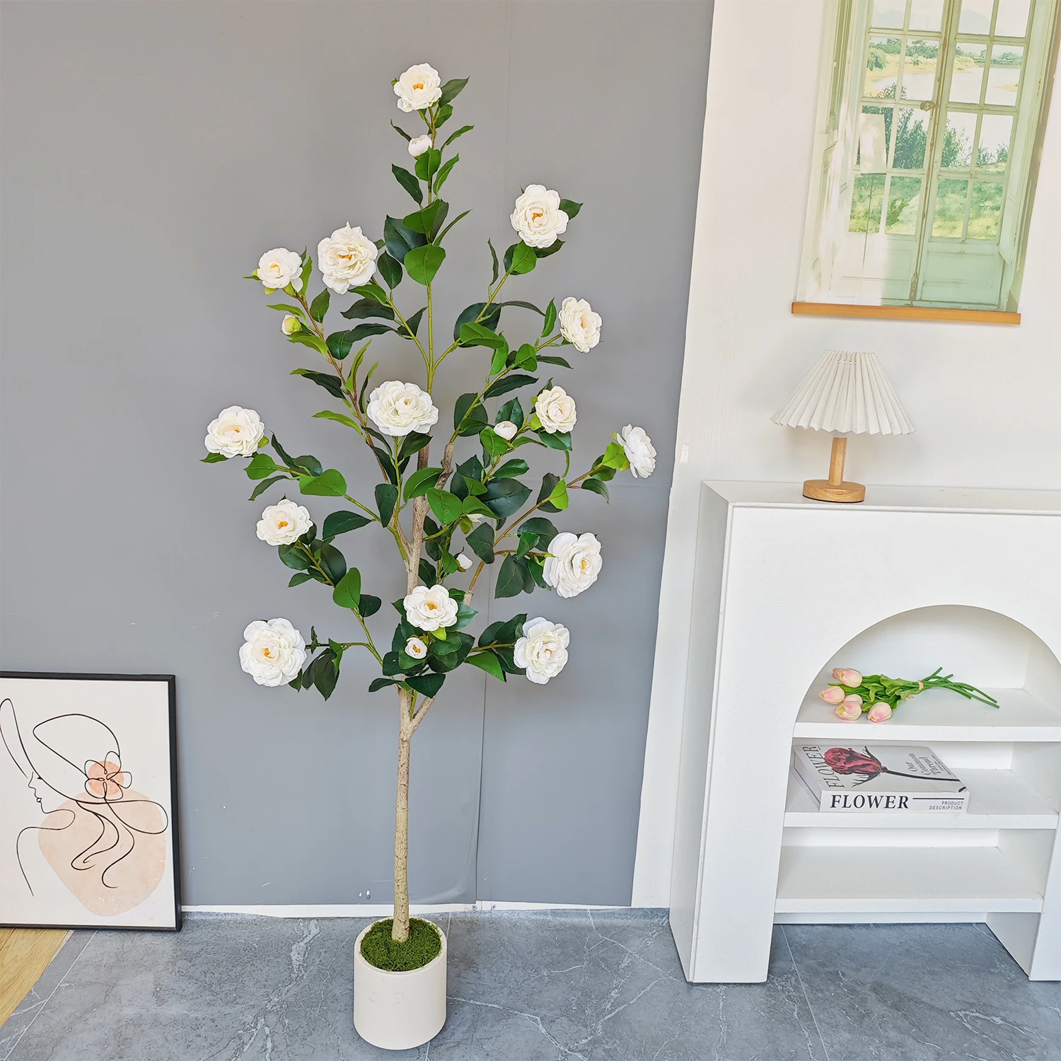 125-195 سنتيمتر شجرة الكاميليا الاصطناعية الجديدة مع وعاء بلاستيكي نبات صناعي داخلي للمنزل غرفة المعيشة مكتب حديقة حفل زفاف #4