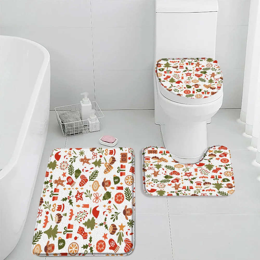 Christmas Cartoon Bath Mat Set Snowman Christmas Elf Pine Tree Xmas Hat Sock Kids Bathroom Decor Bathtub Rug Toilet Lid Cover