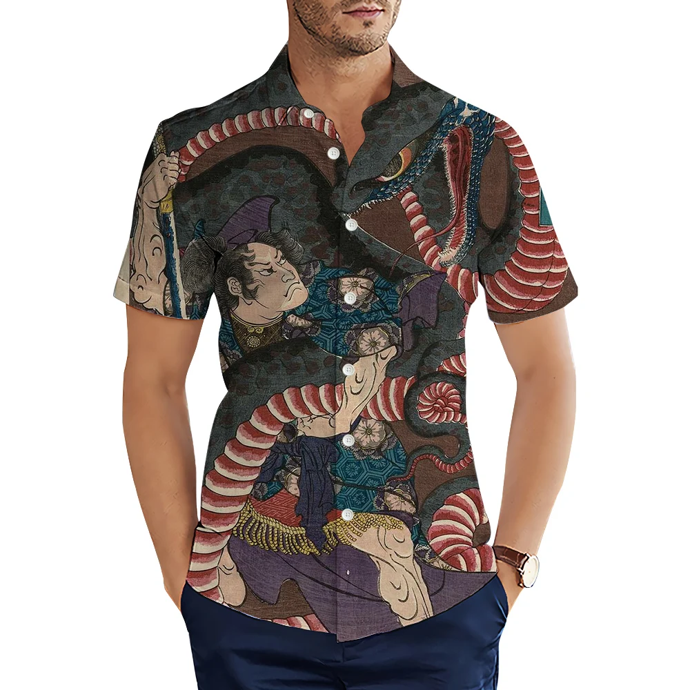 

HX Fashion Men Shirts Japanese Art Painting Python Fighting Printed Casual Shirt Short Sleeve Tops Camisas Ropa Para Hombre