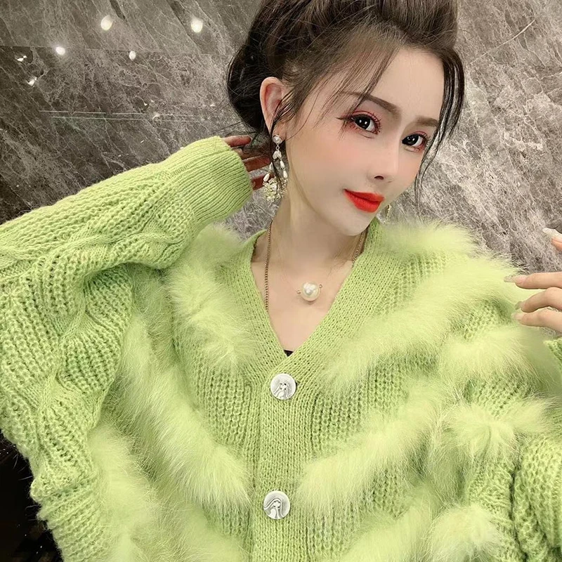 Spring Women Loose Real Fox Fur Decoration Sweater Autumn Girl's Fashion Real Fox Fur Knitted Wear