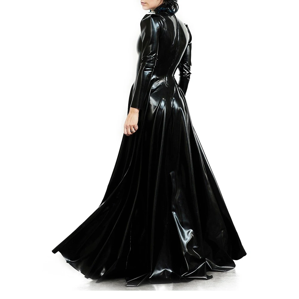 Shiny PVC Leather Long Dress, Monochromatic, Faux Latex Ball Gown, Long Sleeve, Fit and Flare Floor Length, Party Dress Outfits