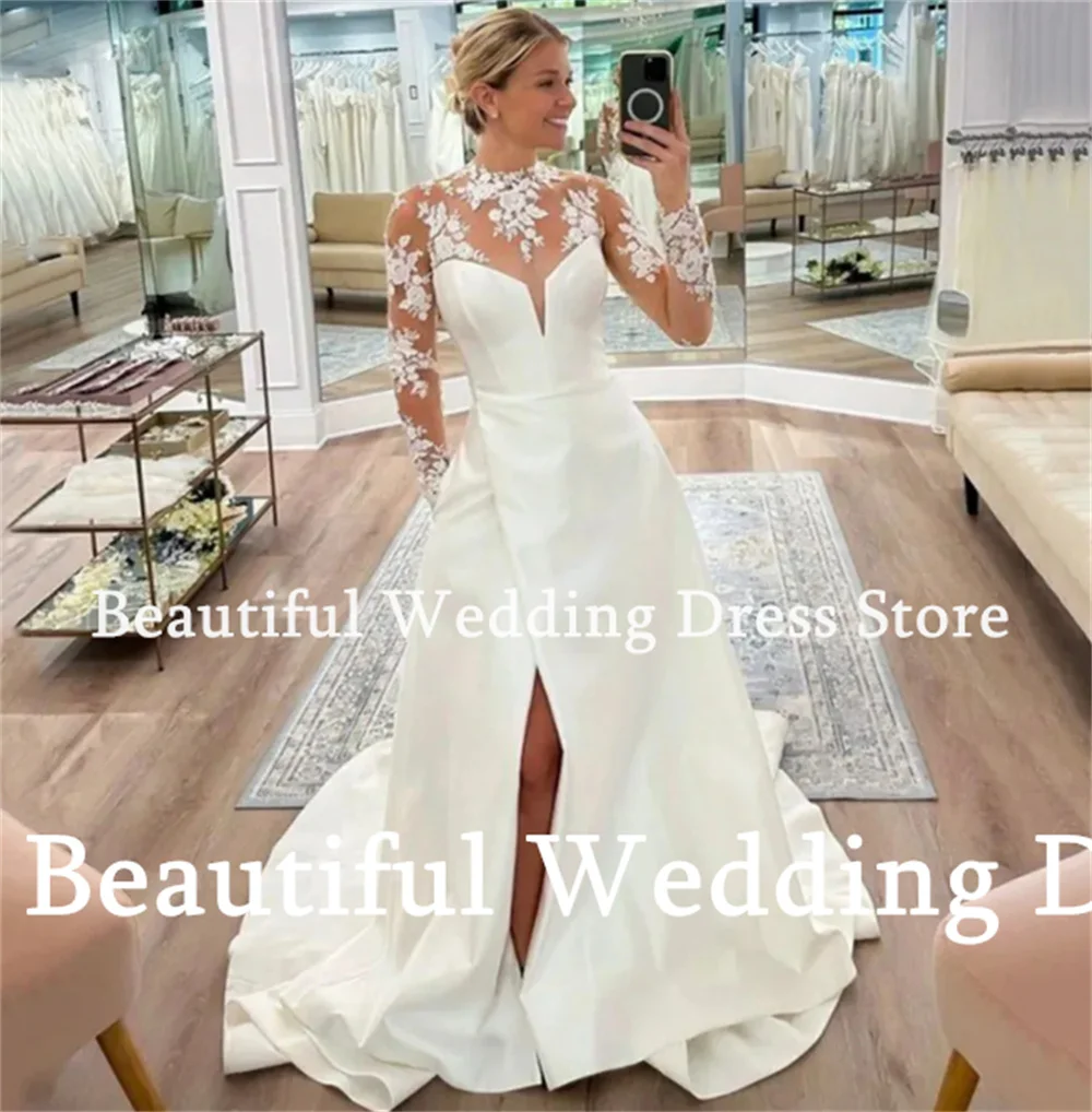 2024 Vestidos Boho Wedding Dress Lace High Neck Long Sleeves A-Line Satin Floor-Length Beach Bridal Gown Wedding Party Dress