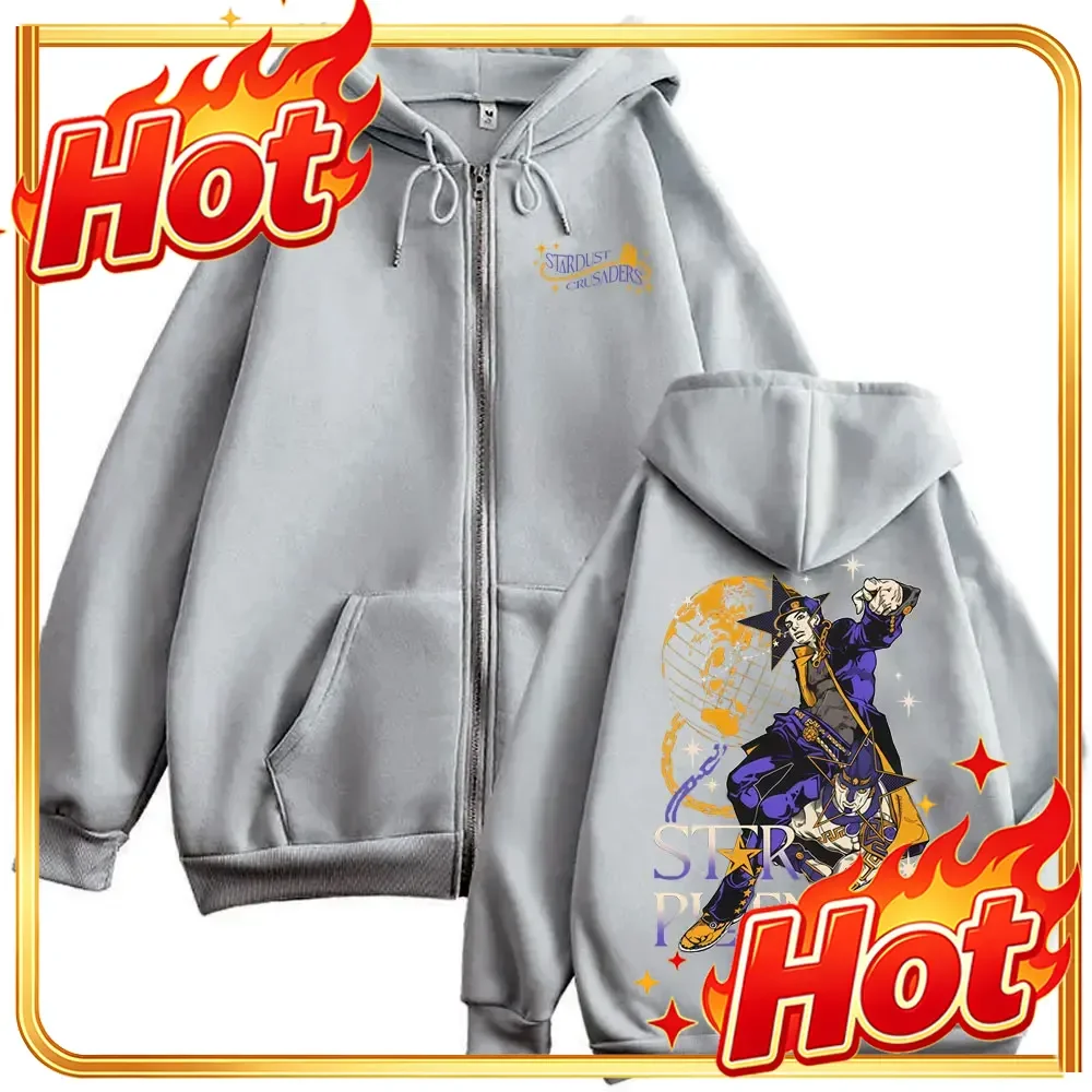 Anime JoJo's Bizarre Adventure Kujo Jotaro Graphic Zipper Hoodie Men Women Casual Fleece Cotton Zip Up Jacket Unisex Sweatshirt