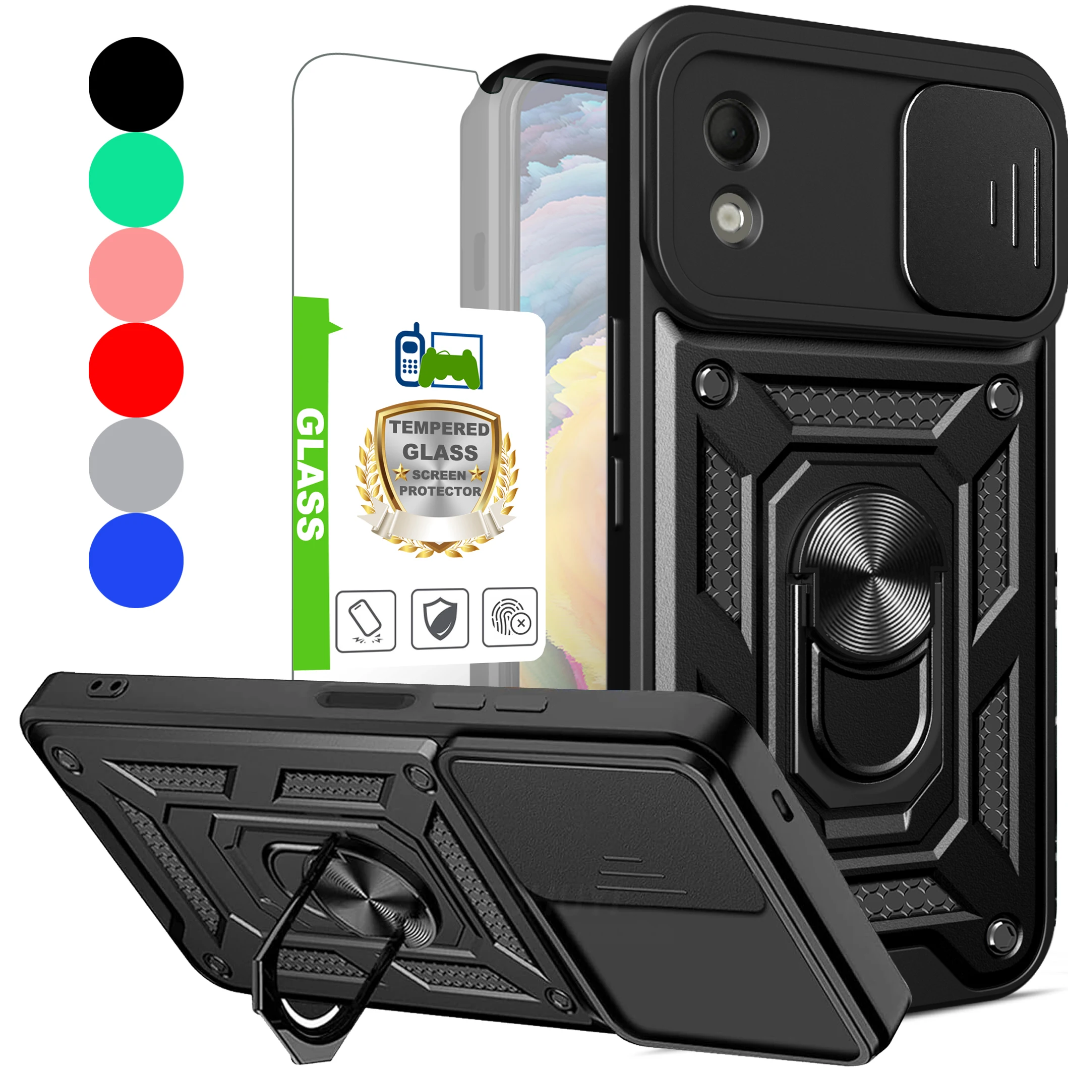 

for Nokia C110 Shockproof Case Ring Armor Magnetic Holder and Ring, Camera Protection+Camera Lens Cover+Tempered Glass