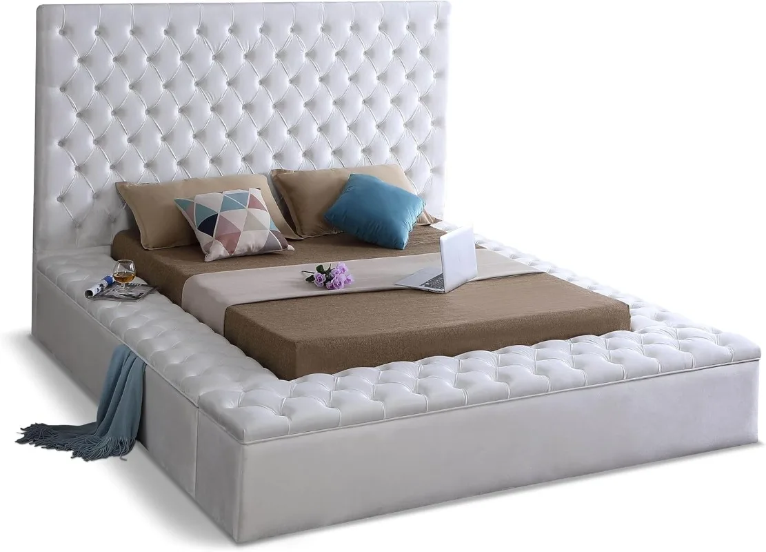 Bliss Collection Modern Contemporary Velvet Upholstered Bed with Deep Button Tufting and Storage Compartments White Queen