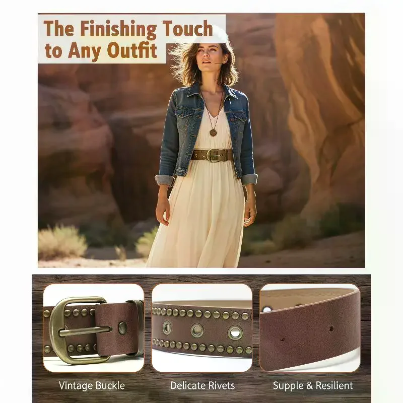 Vintage PU Leather Belt With Rivet Studs Hollowed-out Design Perfect For Daily Wear Jeans Casual Outfits
