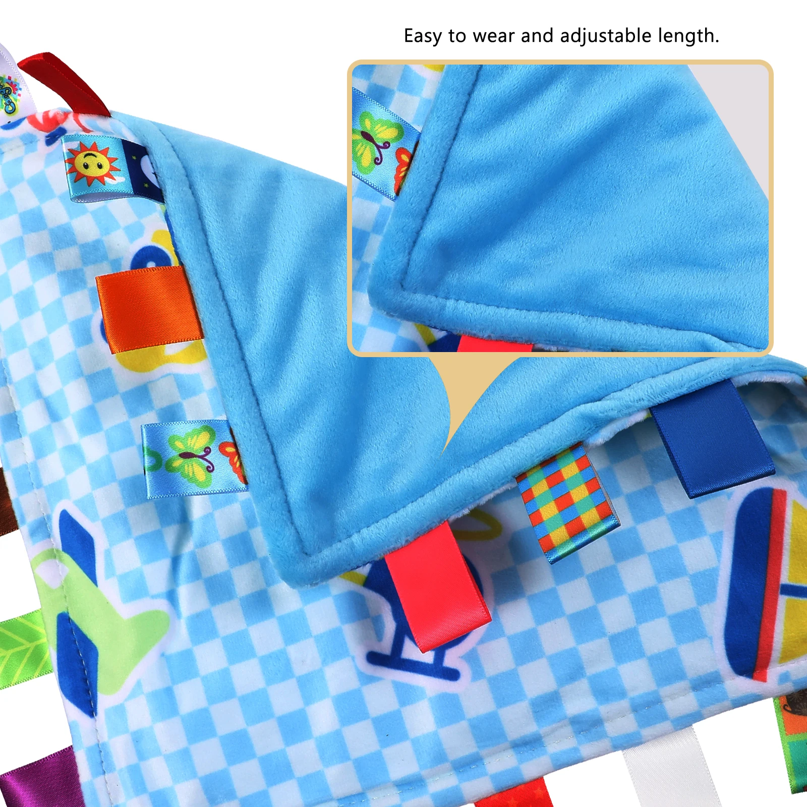 

Cartoon Security Blanket Colorful Tags Taggy Blanket Sensory Stimulate Soft Skin Friendly Satin Ribbon Touch Comforter For