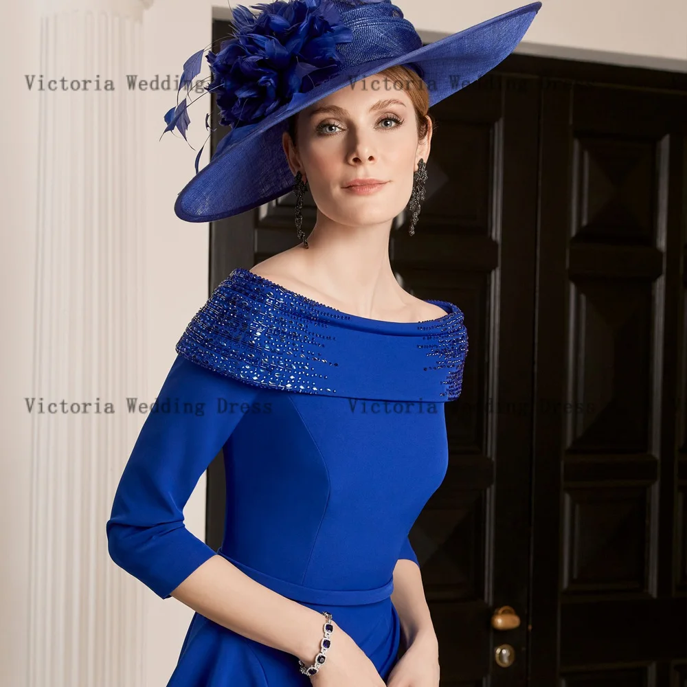 Elegant Royal Blue Mother of the Bride Dresses Boat Neck 3/4 Sleeves Wedding Party Gowns Beads Tea-Length Mermaid  فساتين السهرة