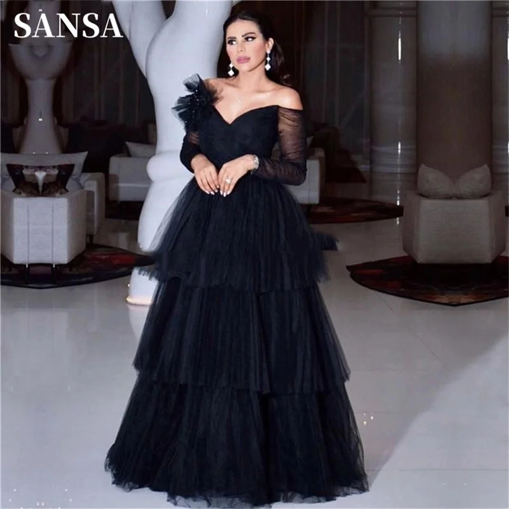 Sansa Elegant Black Long Sleeve Prom Dress Off Shoulder Multilayer Vestidos De Noche Sexy Embroidered Ball فساتين سهره فاخره