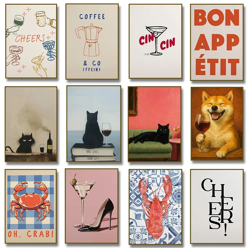 Multiple sizes 1pc frameless Canvas Painting Cin Cin Cheers Cocktail Black Cat with Martini Poster Lobster  Crab Croissant Pasta