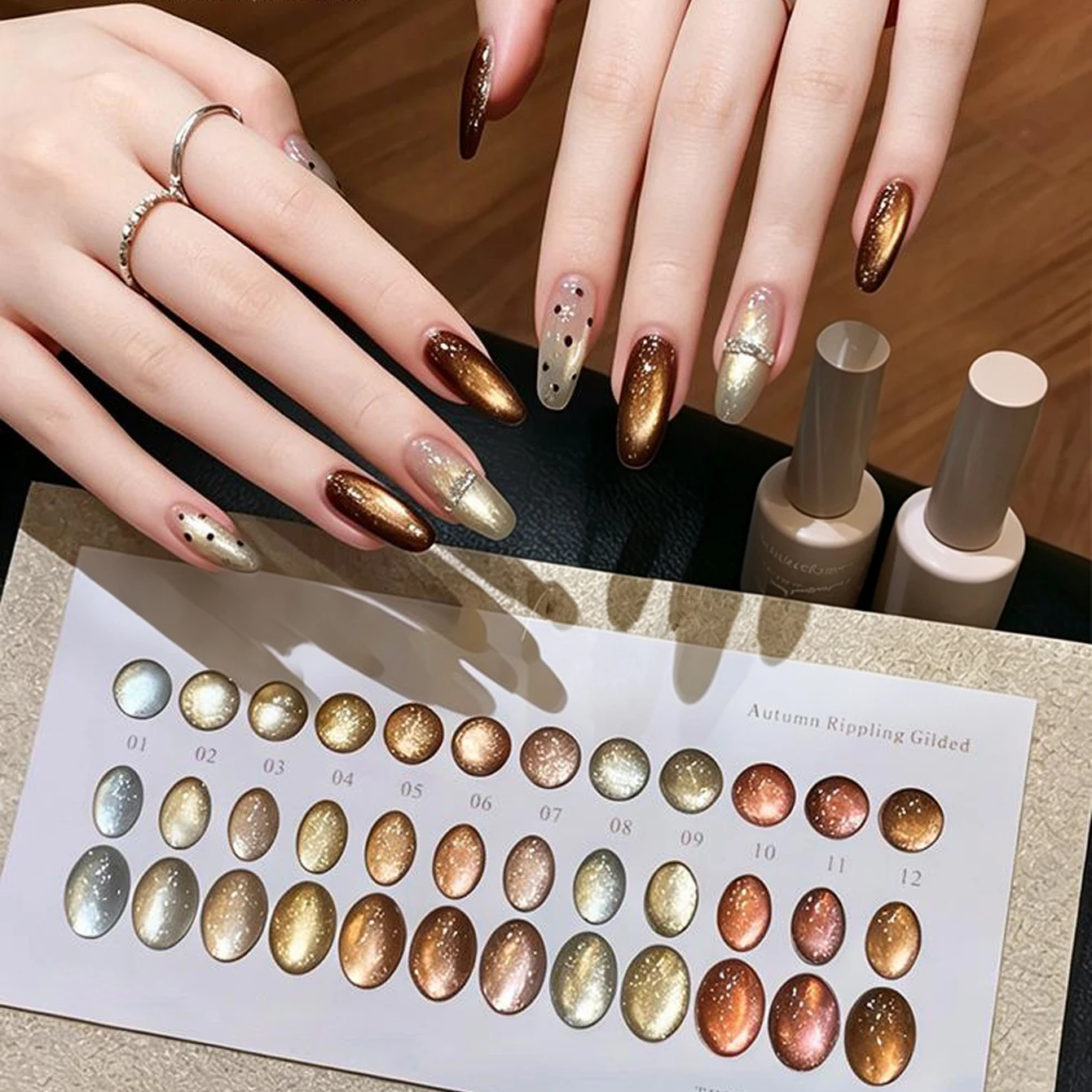 Gel Nails Polish Cat Eye Gel Golden Brown Satin Glass Bead Shimmer Soak Off UV Varnish For Autumn Salon Manicure 2Pcs 15ml Set