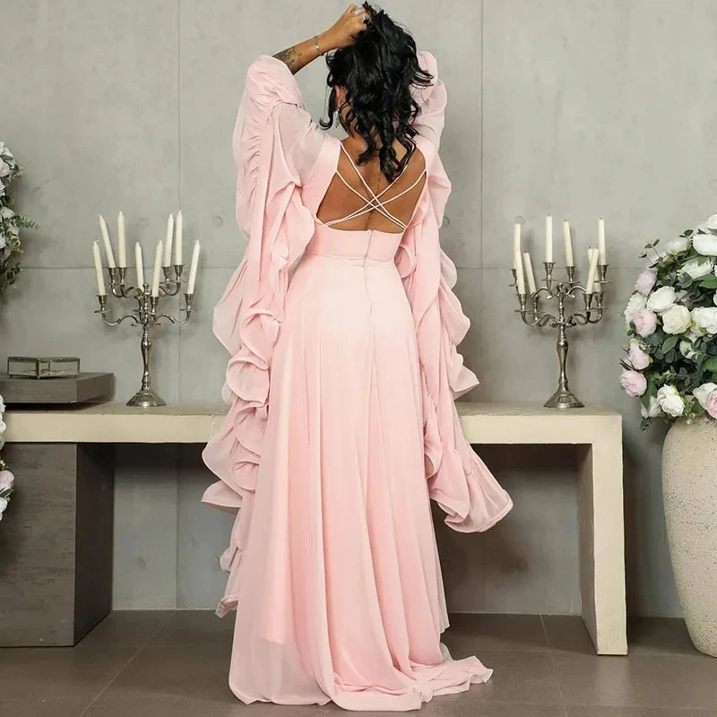 

Temperament Simple Pure Color Robes Lady High Waist Backless Lace Up Evening Party Dress Elegant O-neck Ruffle Long Sleeve Dress