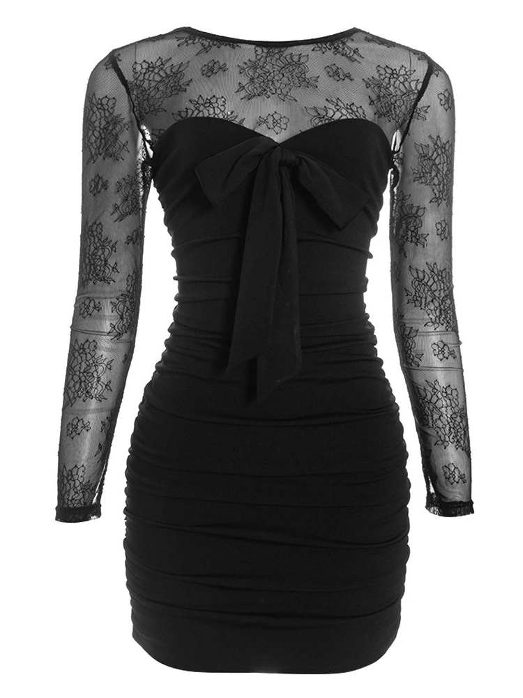 SsTss Mini abito patchwork in pizzo trasparente per donna Elegante abito aderente aderente aderente con scollo a O a maniche lunghe con fiocco e volant