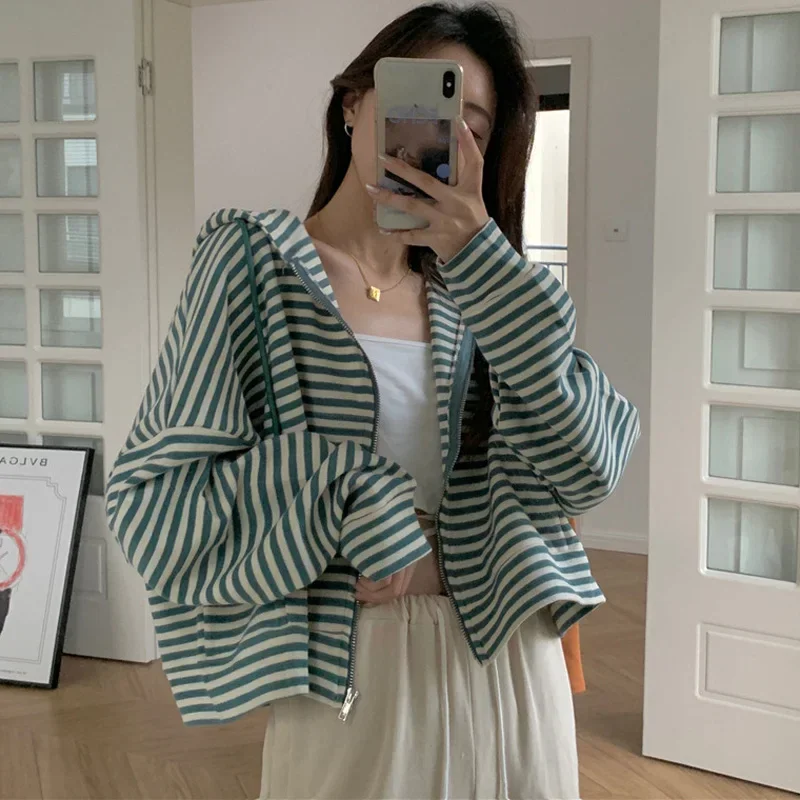 Korean Style Hoodies For Girls Vintage stripe Zip Up Women Top Long Sleeve Oversized Hooded Sweatshirt Jacket Casual short Coats