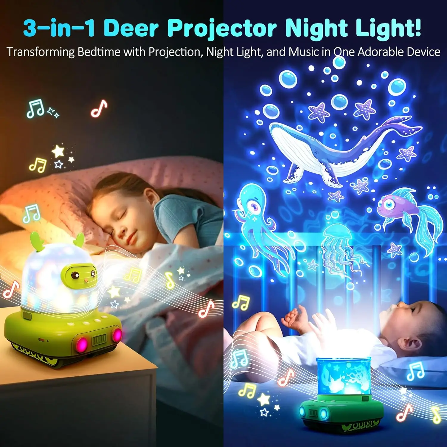 Music Projector Night Light for Kids 3 in 1 Cute Deer Star Projector 6 Films White Noise BT Speaker Kids Room Decor Night Light