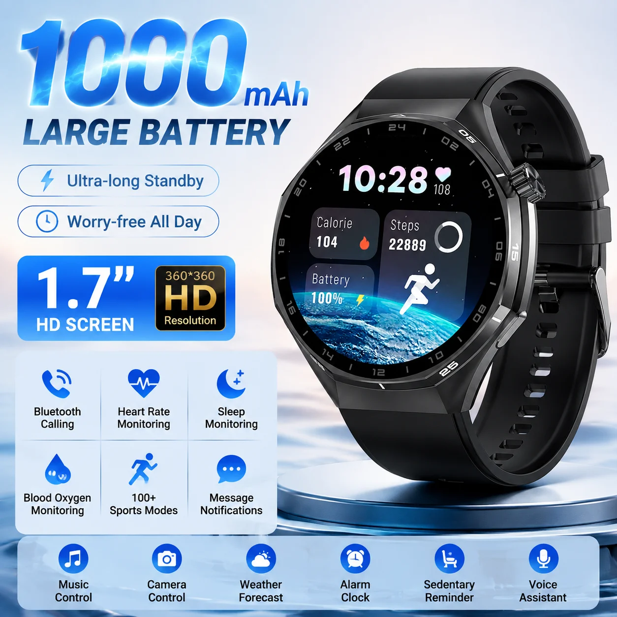 LIGE Fashion 1000mAh Ultra-long Standly Battery Smart Watch Men 1.7”HD Screen Man Watches Health Sleep Monitor Sport Smartwatch