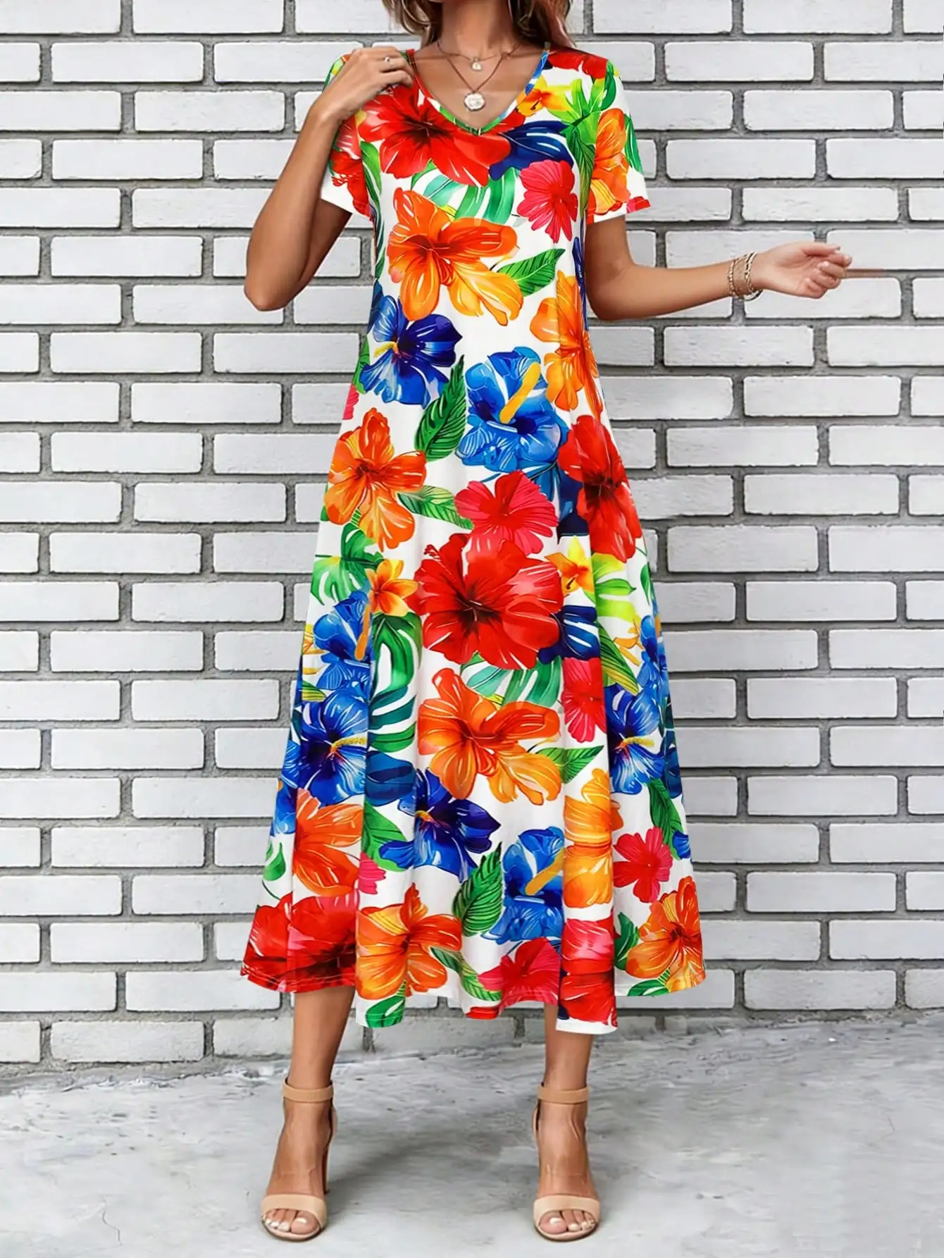 Damen-Midikleid mit tropischem Hibiskus-Print, kurzärmelig, V-Ausschnitt, fließendes A-Linien-Sommerkleid, Boho-Kleid mit Blumenmuster und kurzen Ärmeln