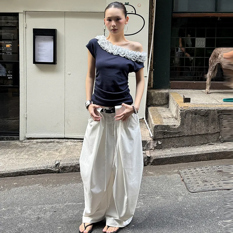 2025 أنيق الشارع الركود واسعة الساق التطهير وزرة مستقيمة فضفاضة المضادة للتجاعيد المظلي السراويل #2